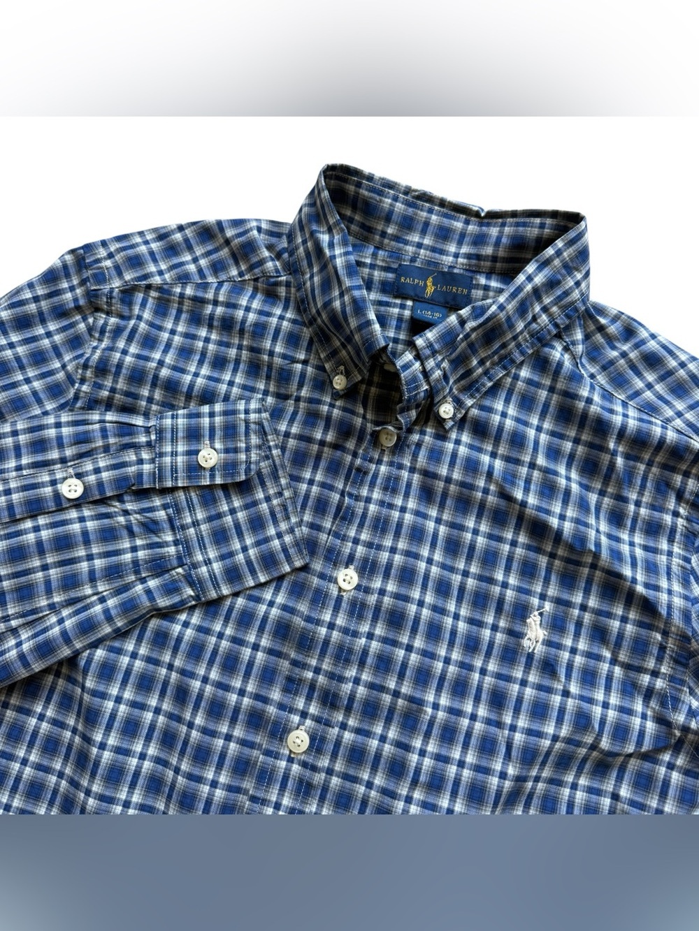 Ralph Lauren Blue Plaid Button Down Shirt Cotton Pony Logo Preppy Youth Large